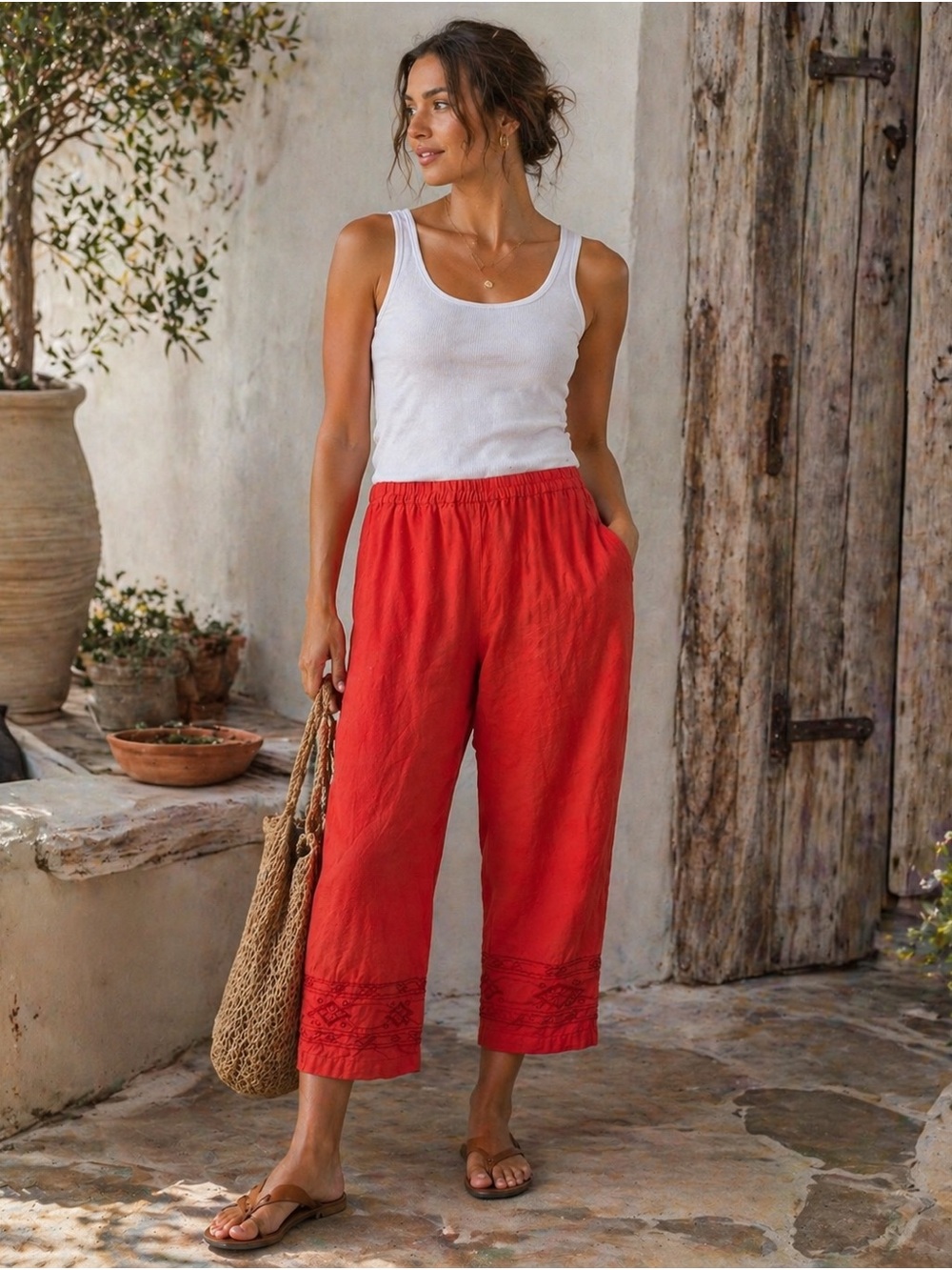 Kaikeus Plus Red Cropped Embroidered-Hem Wide-Leg Pants